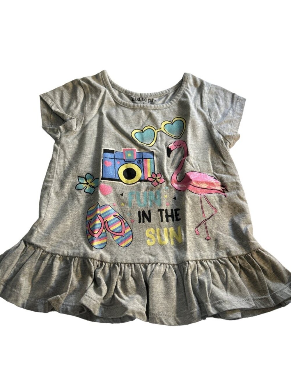 Kidtopia Girls Tee Graphic Gray Multicolored Cap Sleeves Ruffle Bottom Size 5